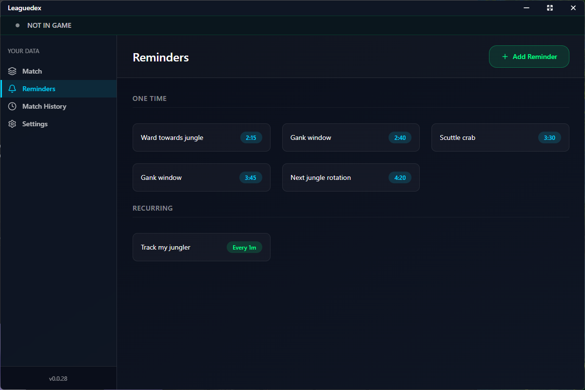 Leaguedex Reminders Interface