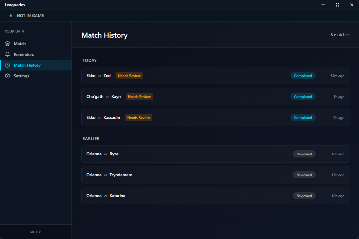 Leaguedx Match History Interface